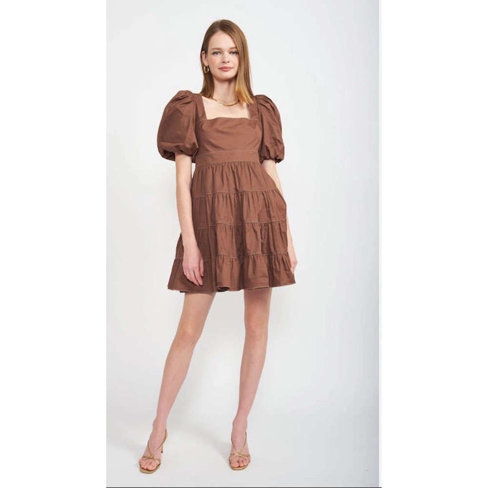 En Saison Meline Poplin Babydoll Dress Brown Puff Sleeves‎ Pockets Small NWT - Picture 3 of 15